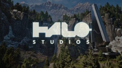 Halo Studios superimposed over a screenshot of their announcement video - A New Dawn.