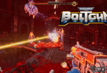 Bart is merc'ing the final boss, but he's playing on Easy difficulty just to get this screenshot. The Boltgun logo is superimposed over the top-right corner.