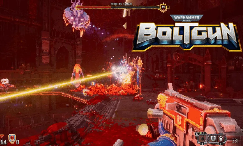 Bart is merc'ing the final boss, but he's playing on Easy difficulty just to get this screenshot. The Boltgun logo is superimposed over the top-right corner.